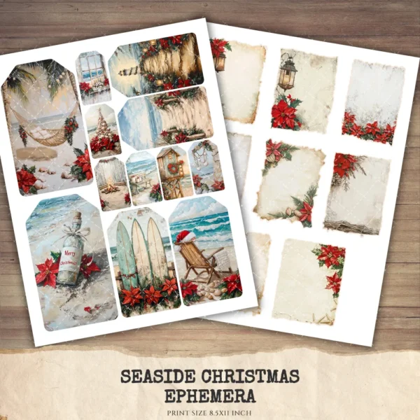 Seaside Christmas Junk Journal Ephemera & Folio Kit - Festive Beach Journal, Holiday Digital Ephemera, Junk Journal Kit, Digital download