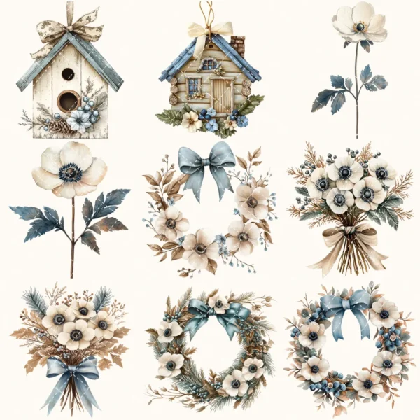 Woodland Frost Diary Floral Arrangements - Anemone Flowers, Botanical, Winter Florals, Bouquet, Floral Wreath, Greenery Art,Digital Download