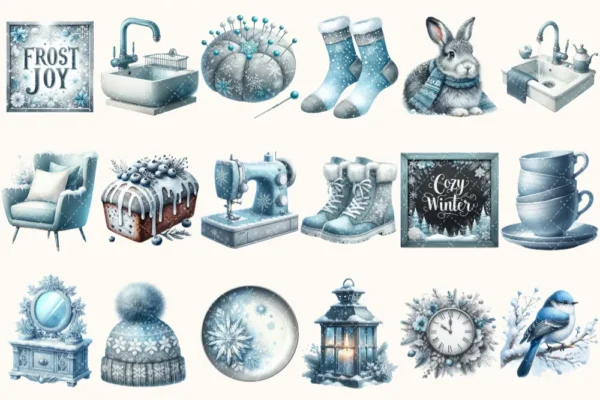 Silent Snowfall Clipart Mini Set - Cuteness Holiday Art, Xmas Girl Graphics, Snowfall Winter Clipart, Blue Christmas PNG, Digital Download