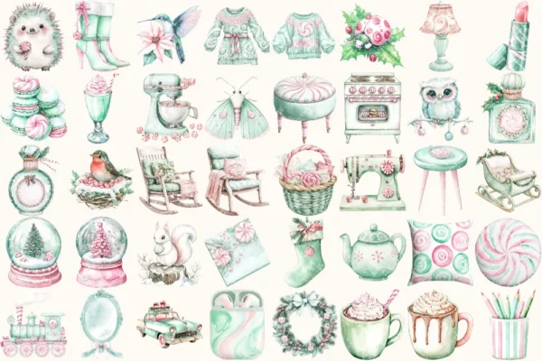 Peppermint Glow Watercolor Clipart Set - 275+ transparent PNG, Peppermint xmas graphics, Cozy christmas art, Commercial use,Digital download