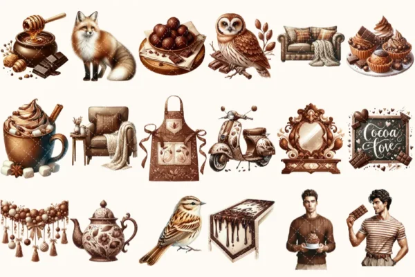 Chocolate Heaven Watercolor Clipart Set - 125+ transparent PNG, Cozy fall treats graphics, Cocoa clipart, Pastry png, Digital download