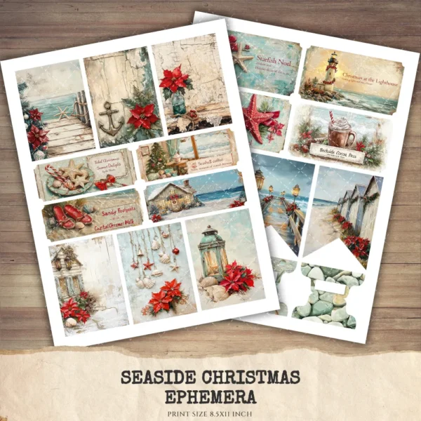 Seaside Christmas Junk Journal Ephemera & Folio Kit - Festive Beach Journal, Holiday Digital Ephemera, Junk Journal Kit, Digital download