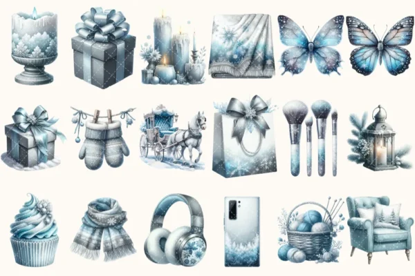 Silent Snowfall Clipart Mini Set - Cuteness Holiday Art, Xmas Girl Graphics, Snowfall Winter Clipart, Blue Christmas PNG, Digital Download