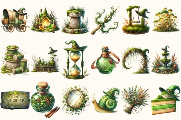 Gravemoss Witch Clipart Mini Set - Fantasy Clipart, Mystic forest graphics, Witchy fantasy art, Moss Art, Magical Images, Digital download