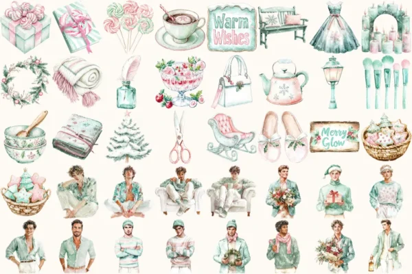 Peppermint Glow Watercolor Clipart Set - 275+ transparent PNG, Peppermint xmas graphics, Cozy christmas art, Commercial use,Digital download