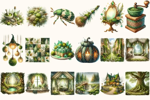 Gravemoss Witch Clipart Mini Set - Fantasy Clipart, Mystic forest graphics, Witchy fantasy art, Moss Art, Magical Images, Digital download