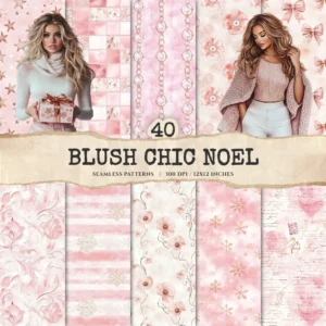 Blush Chic Noel Seamless Patterns, Christmas JPEG, Festive Patterns, Floral, Pastel, Girly Winter repeating pattern, Digital scrapbook paper