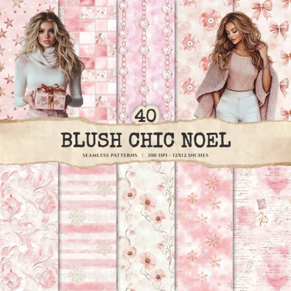 Blush Chic Noel Seamless Patterns, Christmas JPEG, Festive Patterns, Floral, Pastel, Girly Winter repeating pattern, Digital scrapbook paper