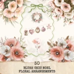 Blush Chic Noel Floral Arrangements, Poppy Floral PNG, Christmas Bouquet, Xmas Decor, Pink Ornaments, Flower Illustrations, Digital download