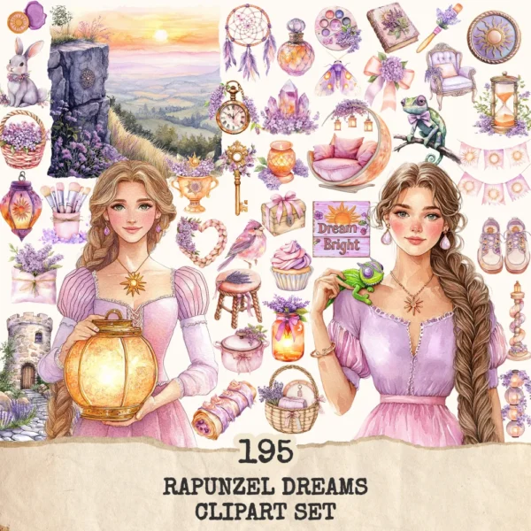 Rapunzel Dreams Clipart Set – Whimsical Illustrations, Fantasy cottagecore graphics, Fairytale art, Commercial use, Digital download