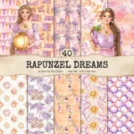 Rapunzel Dreams Seamless Patterns, Fairytale JPEG, Floral infinite pattern, Fantasy flowers repeating pattern, Digital scrapbook paper