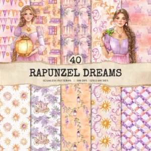 Rapunzel Dreams Seamless Patterns, Fairytale JPEG, Floral infinite pattern, Fantasy flowers repeating pattern, Digital scrapbook paper