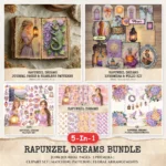 Rapunzel Dreams Mega Bundle – Tangled Printables, Ephemera, Journal, PNG Clipart, Seamless Pattern, Fantasy Floral Art, Digital Download