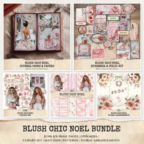 Blush Chic Noel Mega Bundle – Christmas Printables, Ephemera, Journal, PNG Clipart, Seamless Pattern, Xmas Floral Art, Digital Download