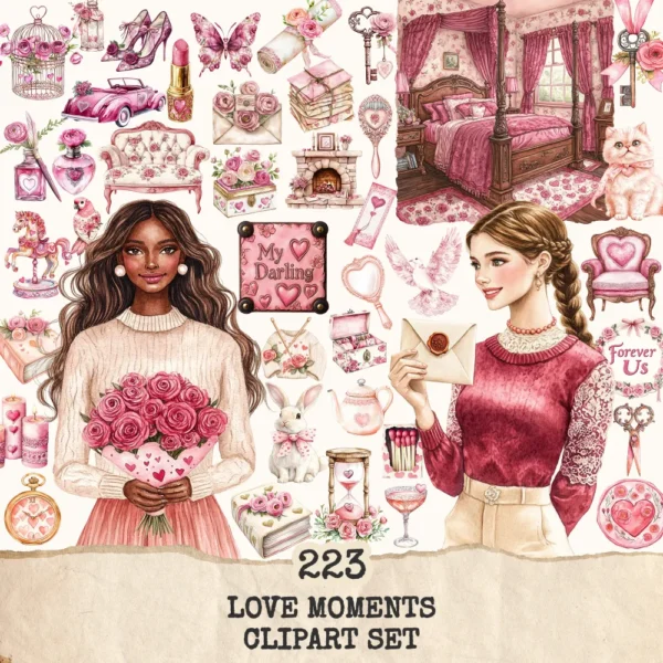Love Moments Clipart Set – Valentines Day Illustrations, love cottagecore graphics, Romantic art, Romance PNG, Digital download