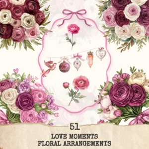 Love Moments Floral Arrangements, Ranunculus Floral PNG, Rose Bouquet, Romantic, Valentine Decor, Ornaments, Flower Art, Digital download