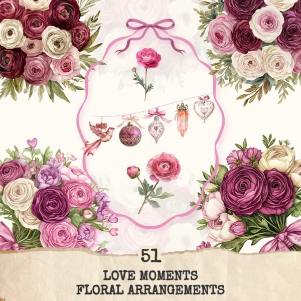 Love Moments Floral Arrangements, Ranunculus Floral PNG, Rose Bouquet, Romantic, Valentine Decor, Ornaments, Flower Art, Digital download