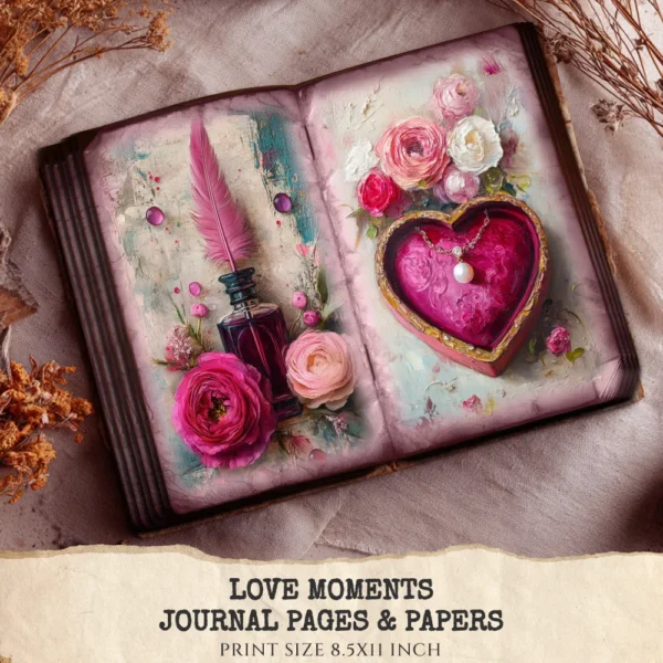 Love Moments Junk Journal Pages & Papers – Romantic Hearts, Red Pink Printable, Valentine's Day, Victorian, Floral, Digital Download