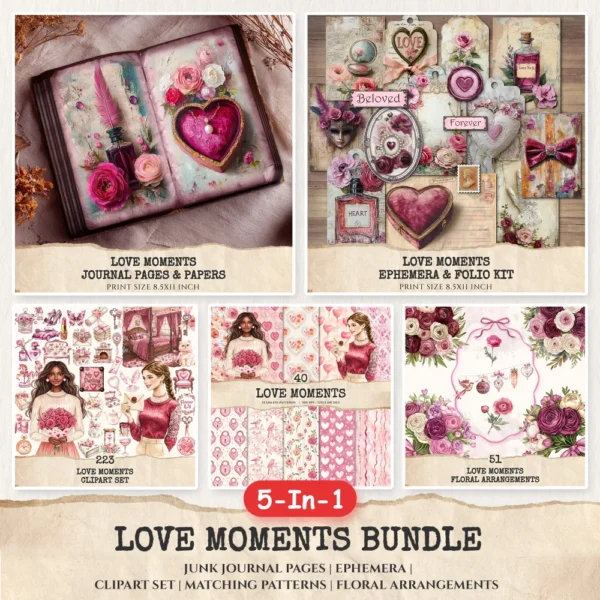 Love Moments Mega Bundle – Romantic Printables, Ephemera, Valentine's Day, Journal, PNG Clipart, Seamless Pattern, Floral, Digital Download