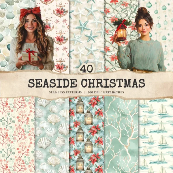 Seaside Christmas Seamless Patterns, Festive Beach JPEG, Poinsettia, Floral, Coastal Xmas, Holiday Infinite Patterns, Digital Download