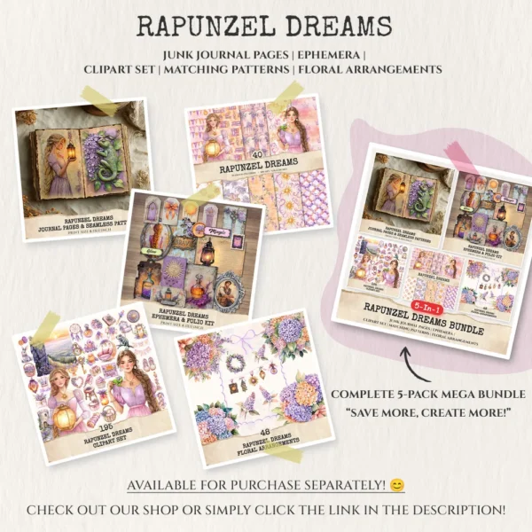 Rapunzel Dreams Clipart Set – Whimsical Illustrations, Fantasy cottagecore graphics, Fairytale art, Commercial use, Digital download