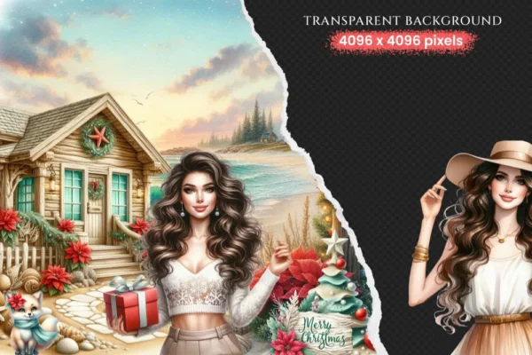 Seaside Christmas Watercolor Clipart Set - 170+ transparent PNG, Festive Beach Illustrations, Xmas, Cozy Holiday Art, Digital Download