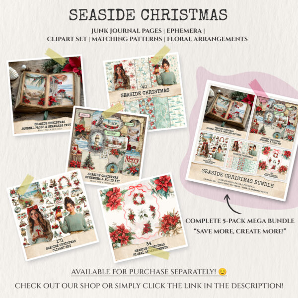 Seaside Christmas Fussy Cuts - Festive Beach, Holiday, Xmas, Collage sheets, Digital Sticker, Ephemera, Junk Journal Kit, Digital download