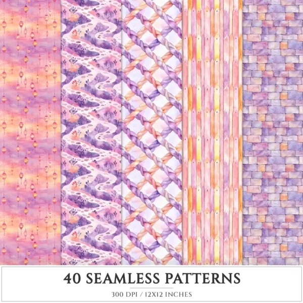 Rapunzel Dreams Seamless Patterns, Fairytale JPEG, Floral infinite pattern, Fantasy flowers repeating pattern, Digital scrapbook paper