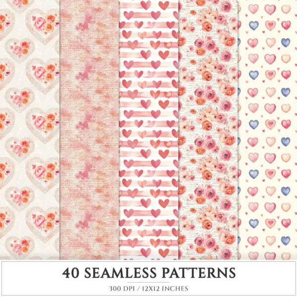 Love Moments Seamless Patterns, Valentines JPEG, Heart infinite pattern, Bird, Rose, Romantic repeating pattern, Digital scrapbook paper