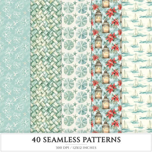 Seaside Christmas Seamless Patterns, Festive Beach JPEG, Poinsettia, Floral, Coastal Xmas, Holiday Infinite Patterns, Digital Download