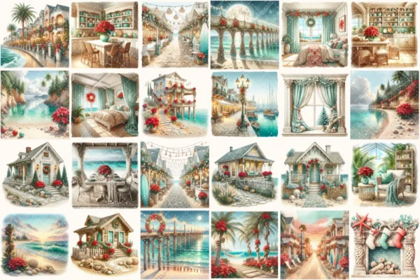 Seaside Christmas Watercolor Clipart Set - 170+ transparent PNG, Festive Beach Illustrations, Xmas, Cozy Holiday Art, Digital Download