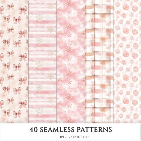 Blush Chic Noel Seamless Patterns, Christmas JPEG, Festive Patterns, Floral, Pastel, Girly Winter repeating pattern, Digital scrapbook paper