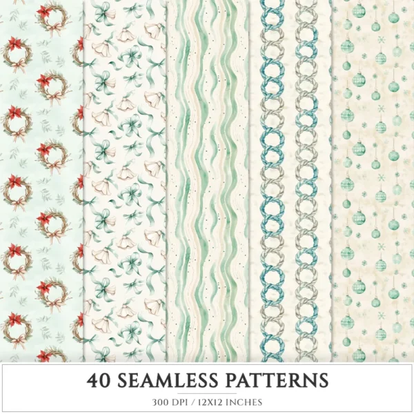 Seaside Christmas Seamless Patterns, Festive Beach JPEG, Poinsettia, Floral, Coastal Xmas, Holiday Infinite Patterns, Digital Download