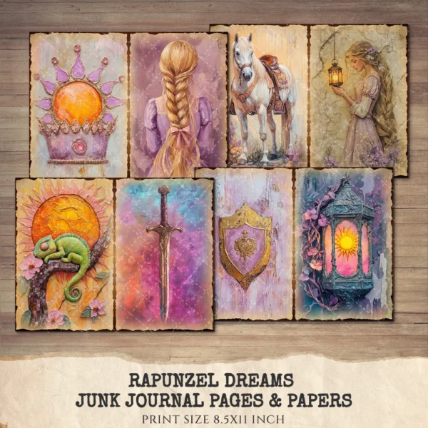 Rapunzel Dreams Junk Journal Pages & Papers – Fairytale Princess, Tangled Printable, Purple Scrapbook, Vintage, Dreamy, Digital Download