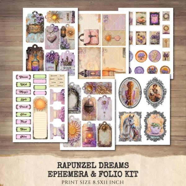 Rapunzel Dreams Ephemera & Folio Kit – Rapunzel, Princess, Victorian Printables, Fantasy, Dragon Art, Magical Tags, kits, Digital Download
