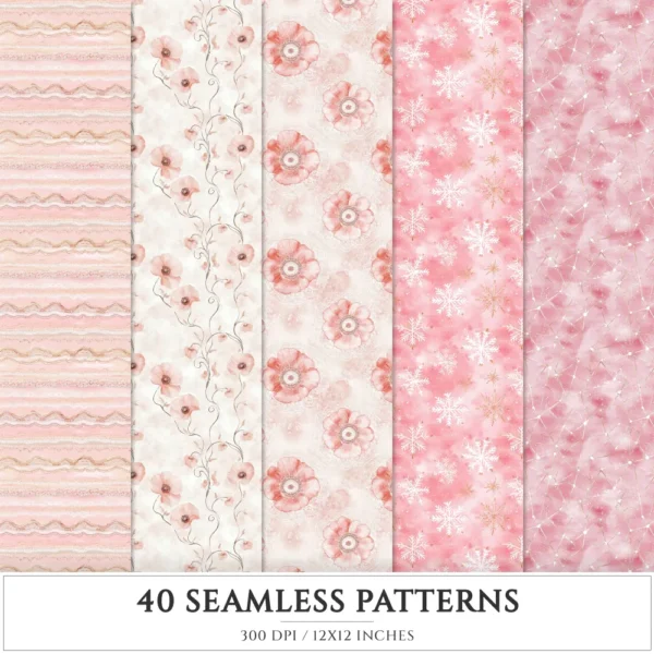Blush Chic Noel Seamless Patterns, Christmas JPEG, Festive Patterns, Floral, Pastel, Girly Winter repeating pattern, Digital scrapbook paper