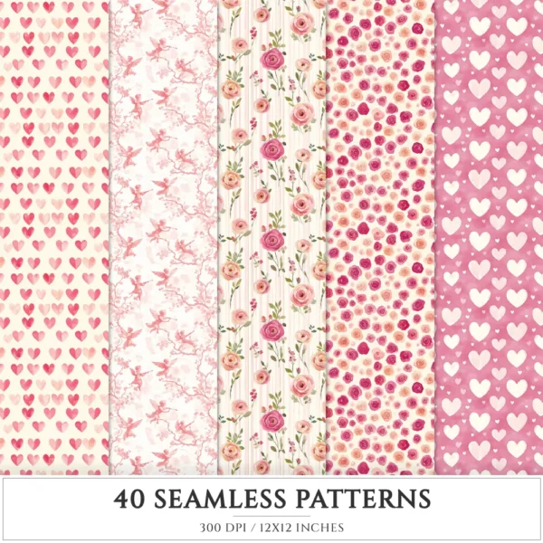 Love Moments Seamless Patterns, Valentines JPEG, Heart infinite pattern, Bird, Rose, Romantic repeating pattern, Digital scrapbook paper