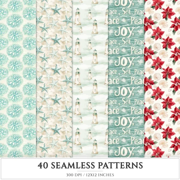Seaside Christmas Seamless Patterns, Festive Beach JPEG, Poinsettia, Floral, Coastal Xmas, Holiday Infinite Patterns, Digital Download