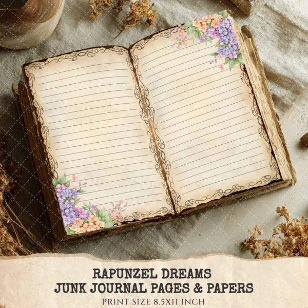 Rapunzel Dreams Junk Journal Pages & Papers – Fairytale Princess, Tangled Printable, Purple Scrapbook, Vintage, Dreamy, Digital Download