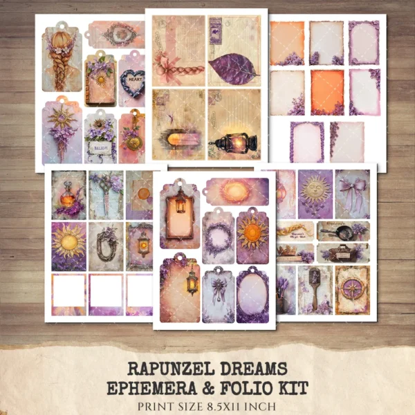Rapunzel Dreams Ephemera & Folio Kit – Rapunzel, Princess, Victorian Printables, Fantasy, Dragon Art, Magical Tags, kits, Digital Download