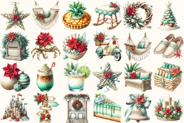 Seaside Christmas Watercolor Clipart Set - 170+ transparent PNG, Festive Beach Illustrations, Xmas, Cozy Holiday Art, Digital Download