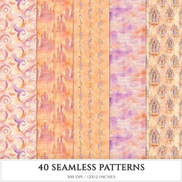 Rapunzel Dreams Seamless Patterns, Fairytale JPEG, Floral infinite pattern, Fantasy flowers repeating pattern, Digital scrapbook paper