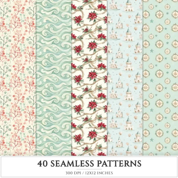 Seaside Christmas Seamless Patterns, Festive Beach JPEG, Poinsettia, Floral, Coastal Xmas, Holiday Infinite Patterns, Digital Download