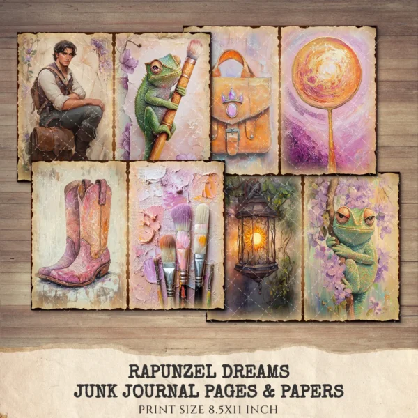 Rapunzel Dreams Junk Journal Pages & Papers – Fairytale Princess, Tangled Printable, Purple Scrapbook, Vintage, Dreamy, Digital Download