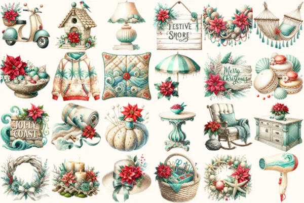 Seaside Christmas Watercolor Clipart Set - 170+ transparent PNG, Festive Beach Illustrations, Xmas, Cozy Holiday Art, Digital Download