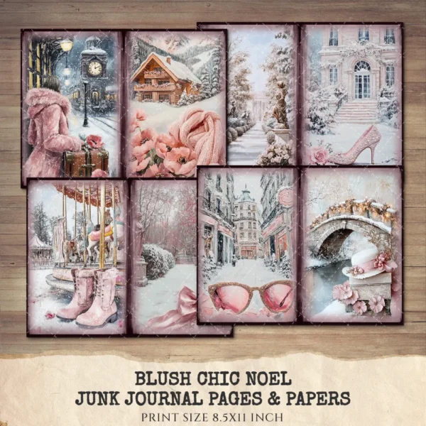 Blush Chic Noel Junk Journal Pages & Papers - Pink Christmas, Vintage Xmas Background, Pastel Holiday, Journal Kit, Digital download