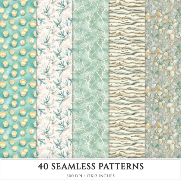 Seaside Christmas Seamless Patterns, Festive Beach JPEG, Poinsettia, Floral, Coastal Xmas, Holiday Infinite Patterns, Digital Download
