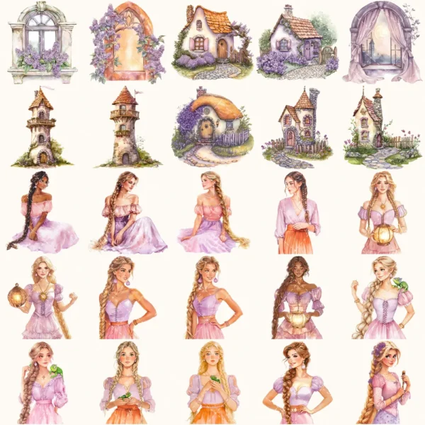 Rapunzel Dreams Clipart Set – Whimsical Illustrations, Fantasy cottagecore graphics, Fairytale art, Commercial use, Digital download