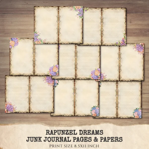 Rapunzel Dreams Junk Journal Pages & Papers – Fairytale Princess, Tangled Printable, Purple Scrapbook, Vintage, Dreamy, Digital Download