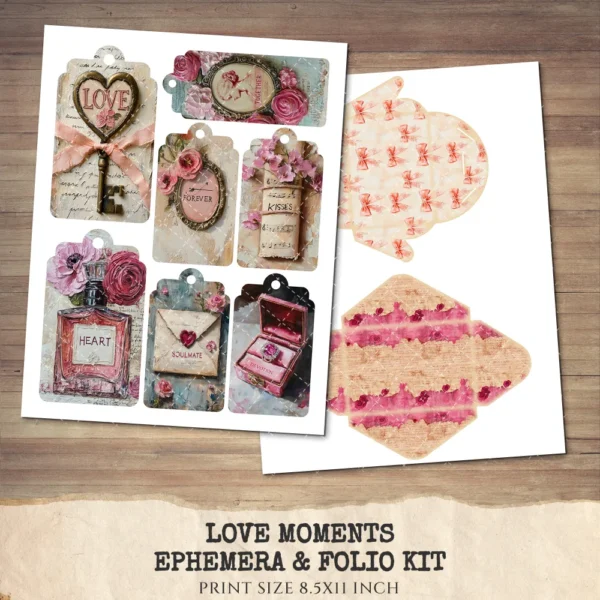 Love Moments Ephemera & Folio Kit – Romantic Hearts, Red Pink Printable, Valentine's Day, Tags, Victorian, Love, Floral, Digital Download